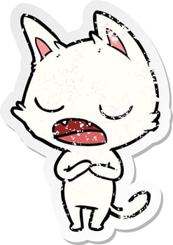 distressed sticker of a talking cat cartoon vector