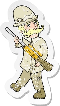 retro distressed sticker of a cartoon big game hunter vector
