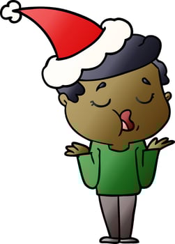 gradient cartoon of a man talking and shrugging shoulders wearing santa hat vector