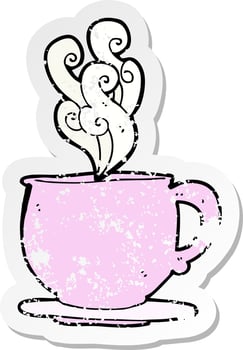 retro distressed sticker of a cartoon teacup with sugar cubes vector