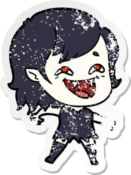 distressed sticker of a cartoon laughing vampire girl vector