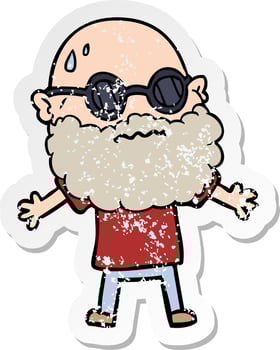 distressed sticker of a cartoon worried man with beard and sunglasses vector