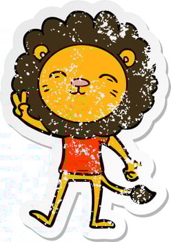 distressed sticker of a cartoon lion giving peac sign vector