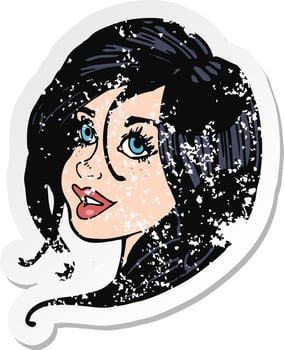 retro distressed sticker of a cartoon pretty female face vector