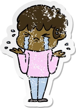 distressed sticker of a cartoon boy crying and shrugging shoulders vector