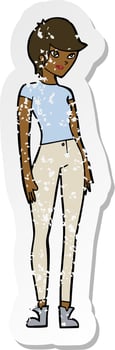 retro distressed sticker of a cartoon modern attractive woman vector