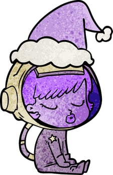 textured cartoon of a pretty astronaut girl sitting waiting wearing santa hat vector