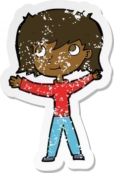 retro distressed sticker of a cartoon happy girl vector