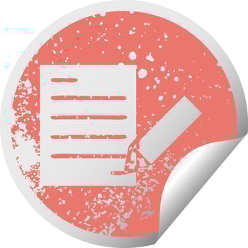 distressed circular peeling sticker symbol of writing a document vector