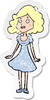 retro distressed sticker of a cartoon happy woman in dress vector