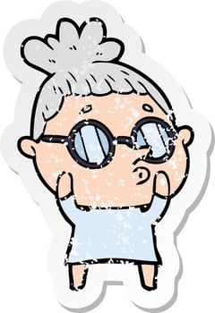 distressed sticker of a cartoon woman wearing glasses vector