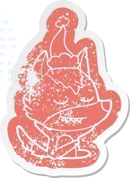 friendly cartoon distressed sticker of a wolf sitting wearing santa hat vector