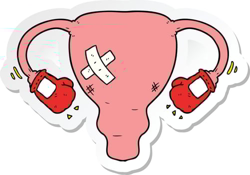 sticker of a cartoon beat up uterus with boxing gloves vector