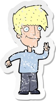 retro distressed sticker of a cartoon man giving peace sign vector