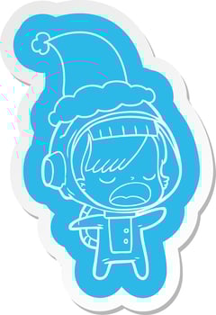 cartoon  sticker of a talking astronaut woman wearing santa hat vector