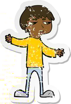 retro distressed sticker of a cartoon annoyed boy vector