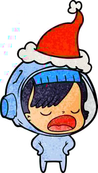 textured cartoon of a astronaut woman explaining wearing santa hat vector