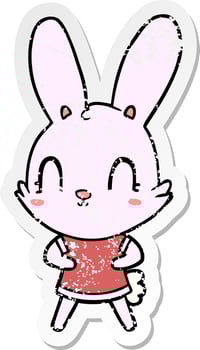 distressed sticker of a cute cartoon rabbit in dress vector