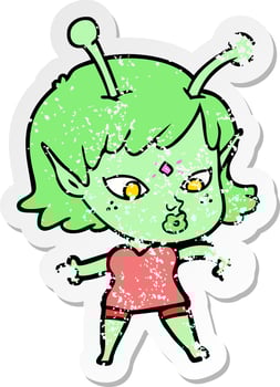 distressed sticker of a pretty cartoon alien girl vector