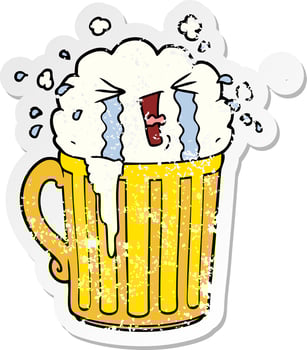 distressed sticker of a cartoon mug of beer crying vector