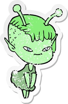 distressed sticker of a cute cartoon alien girl vector