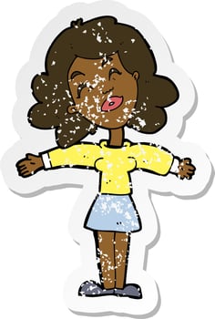 retro distressed sticker of a cartoon woman with open arms vector