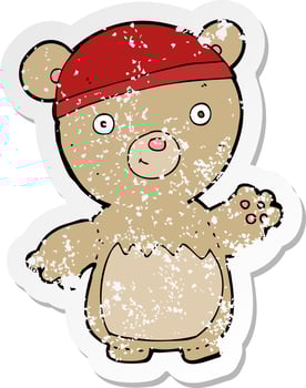 retro distressed sticker of a cartoon teddy bear wearing hat vector