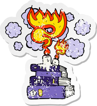 retro distressed sticker of a cartoon magical spell books vector