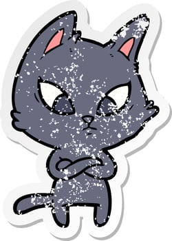 distressed sticker of a confused cartoon cat vector