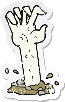 retro distressed sticker of a cartoon zombie hand rising from ground vector