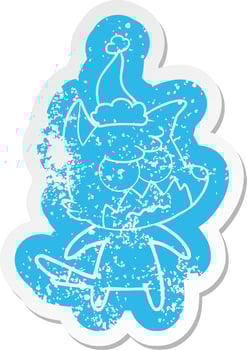 cartoon distressed sticker of a annoyed fox wearing santa hat vector