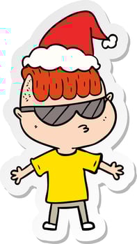 sticker cartoon of a boy wearing sunglasses wearing santa hat vector
