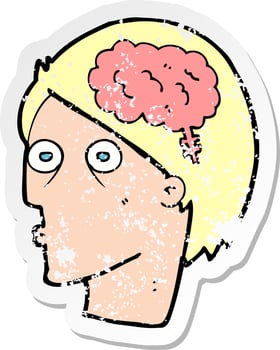 retro distressed sticker of a cartoon head with brain symbol vector