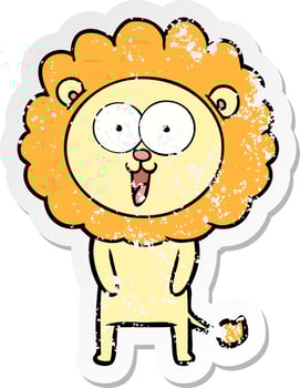 distressed sticker of a happy cartoon lion vector