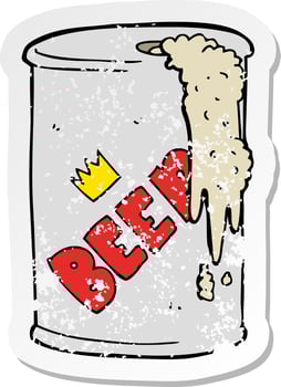 retro distressed sticker of a cartoon beer can vector
