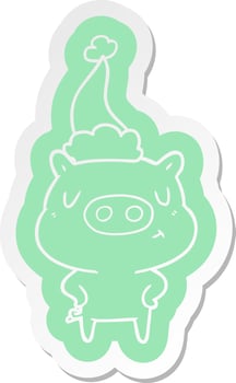 cartoon  sticker of a content pig wearing santa hat vector