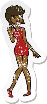 retro distressed sticker of a cartoon woman in cocktail dress vector