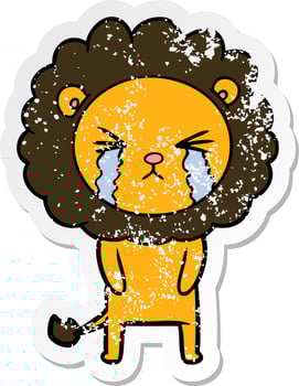 distressed sticker of a cartoon crying lion vector