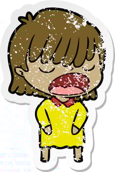 distressed sticker of a cartoon woman talking loudly vector