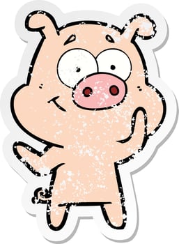 distressed sticker of a happy cartoon pig vector