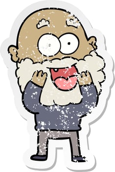 distressed sticker of a cartoon crazy happy man with beard gasping vector