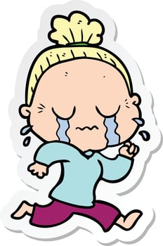 sticker of a cartoon crying old lady vector