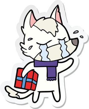 sticker of a cartoon crying wolf with christmas present vector