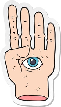 sticker of a cartoon spooky hand with eyeball vector