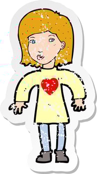 retro distressed sticker of a cartoon woman wearing heart shirt vector