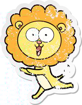 distressed sticker of a happy cartoon lion vector