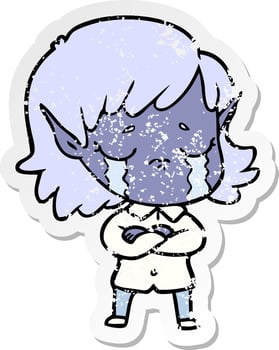 distressed sticker of a cartoon crying elf girl vector