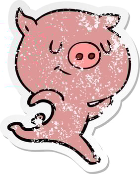 distressed sticker of a happy cartoon pig running vector