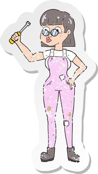 retro distressed sticker of a cartoon female mechanic vector