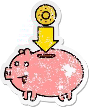 distressed sticker of a cute cartoon piggy bank vector